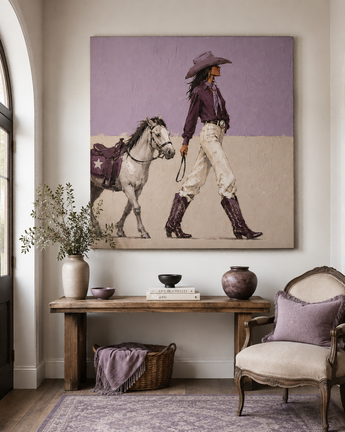 Modern Western Cowgirl Art With Horse Purple Beige Square Canvas For Living Room Decor