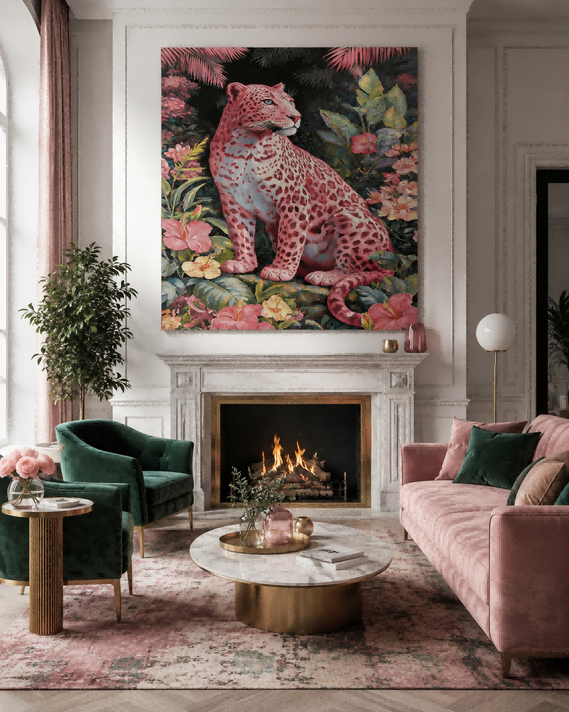 Square Canvas Art Featuring Pink Panther And Hibiscus Flowers Design