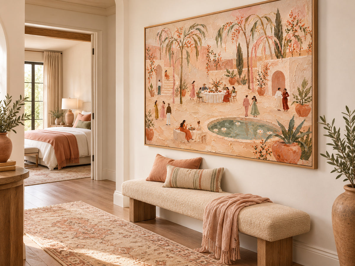 Vintage Moroccan Style Painting With Soft Pink And Green Tones