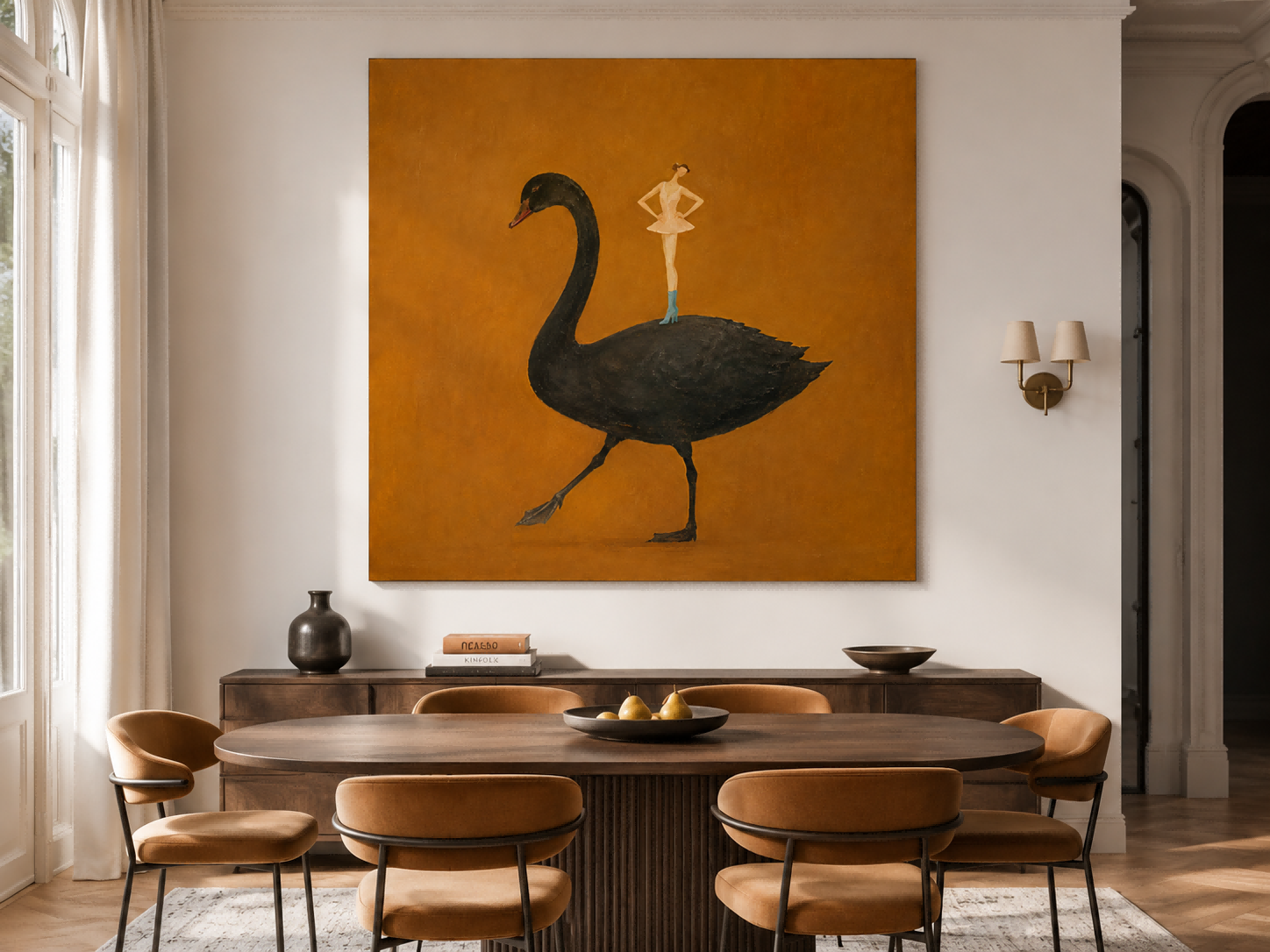 Surrealist Fashion Illustration Original Painting On Canvas Ochre Background Ballerina And Black Swan Hand-Painted Canvas Art In Warm Brown Tones