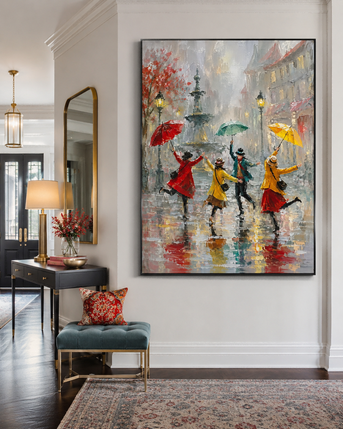Colorful Umbrella Street Scene Canvas Art With Fountain And Lamp Post Details