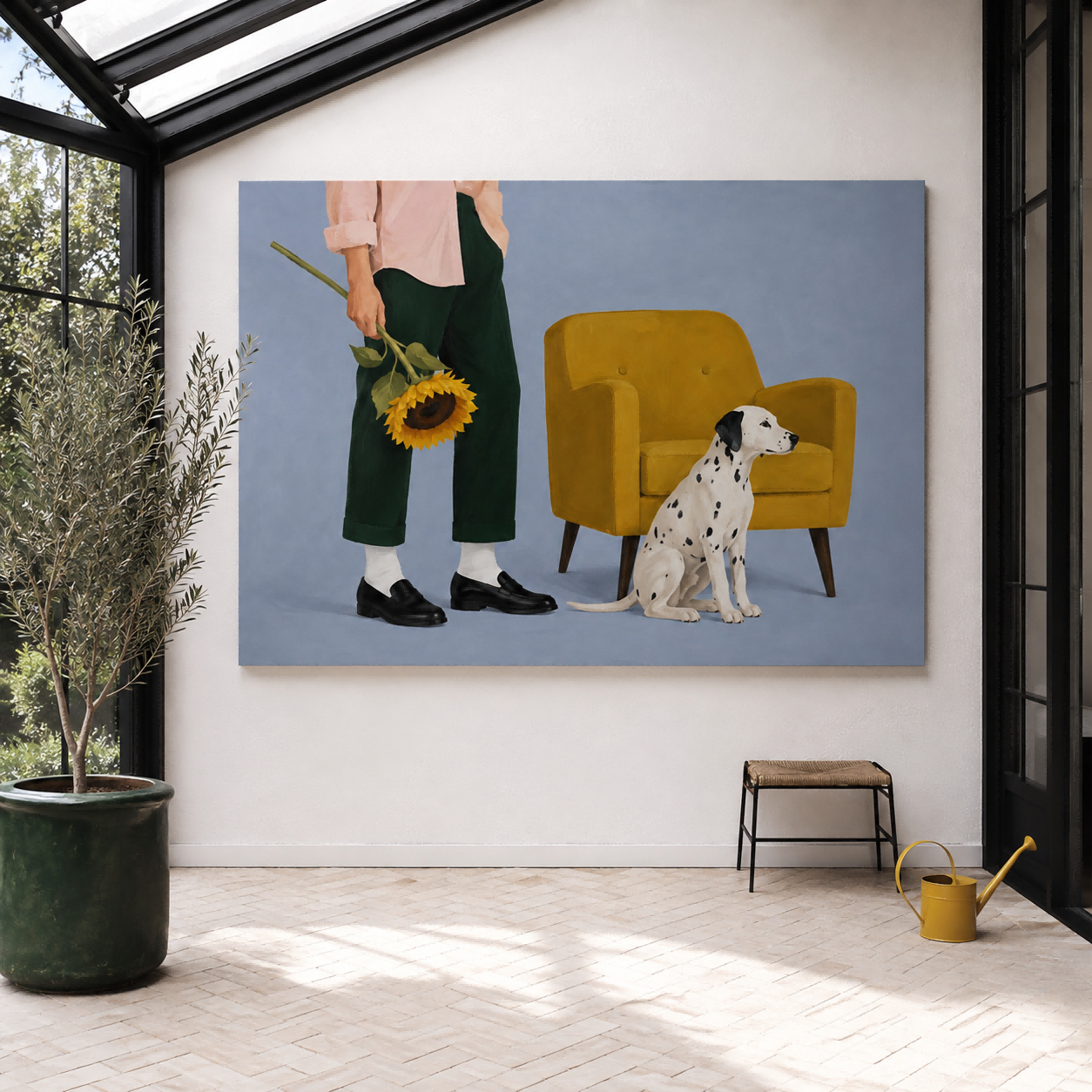 Modern Minimalist Figurative Oil Painting With Warm Tones Hand-Painted Canvas Of Man With Sunflower And Dog