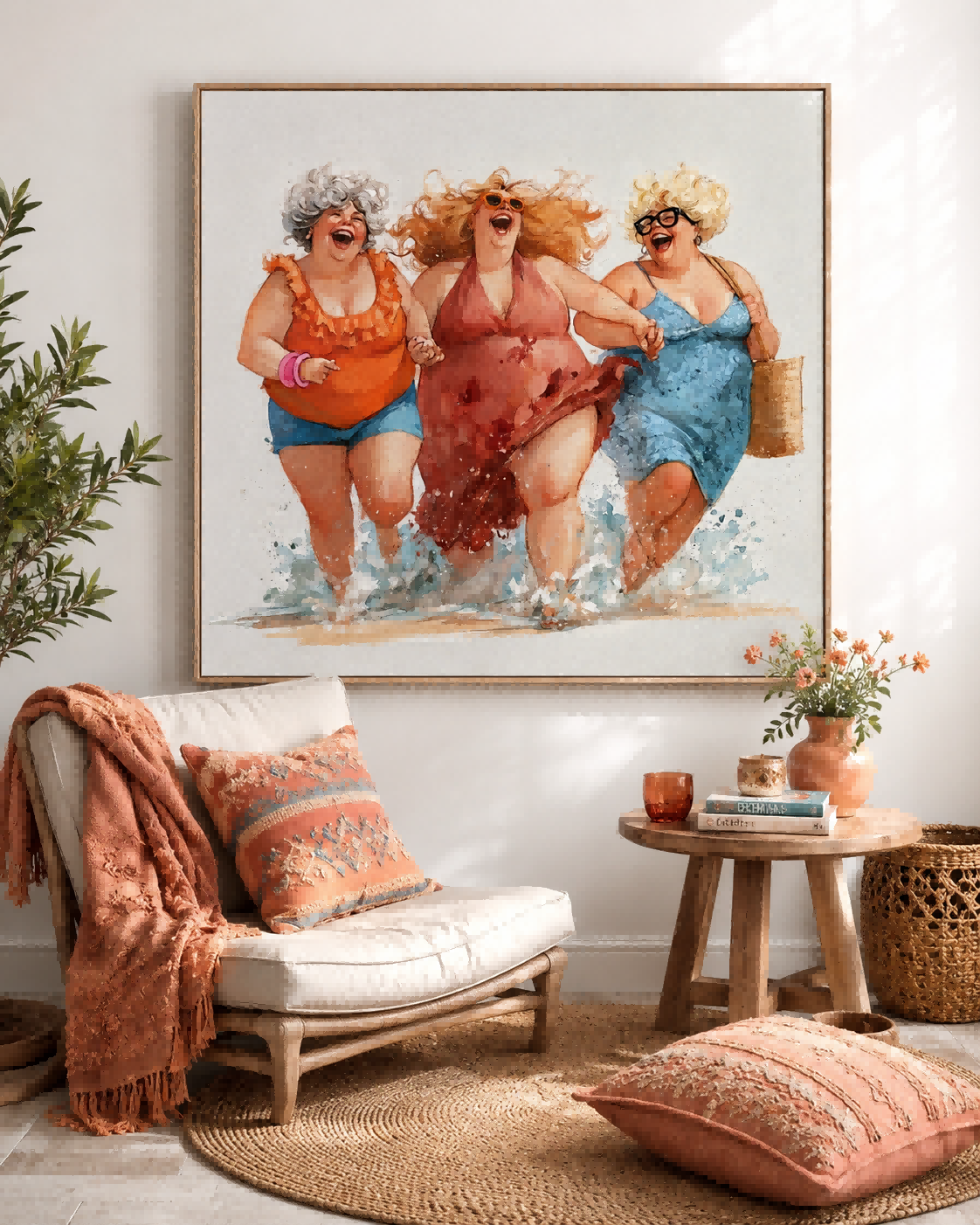 Vibrant Women Painting For Living Room With Coastal Theme And Happy Sisters Art