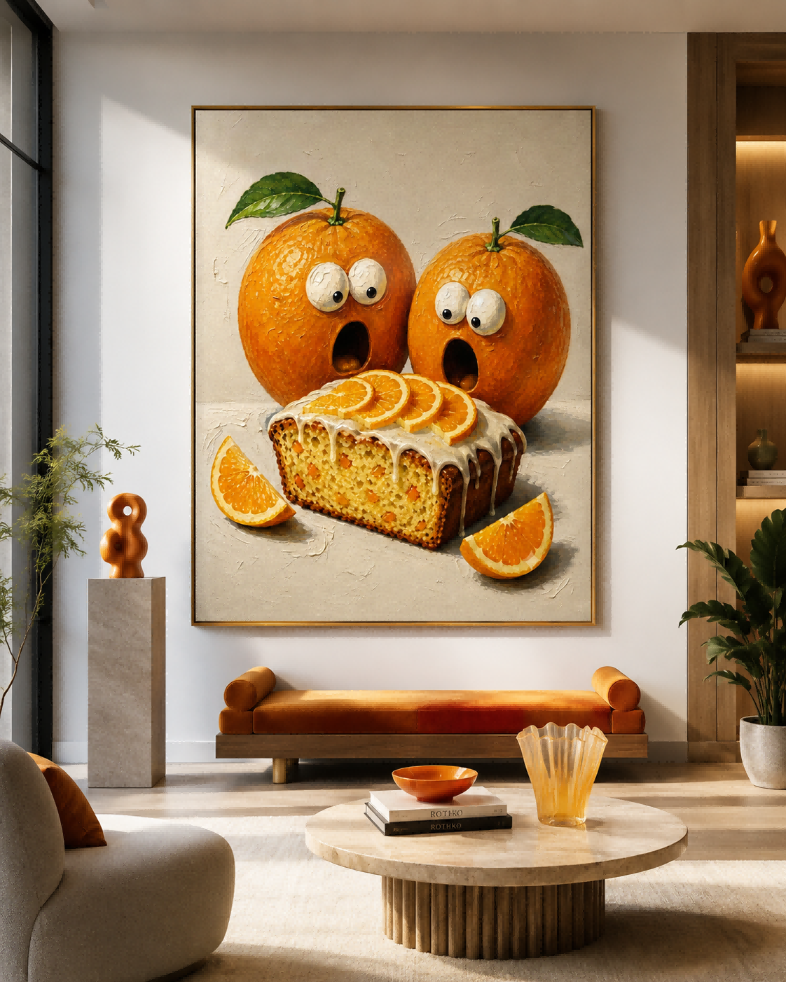 Whimsical Orange And Cake Painting For Modern Kitchen Wall Art Decor