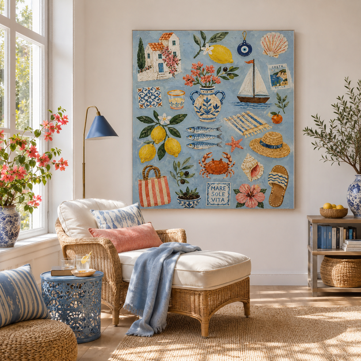 Mediterranean Bohemian Square Canvas Art With Lemons And Sea Life For Bright Living Room