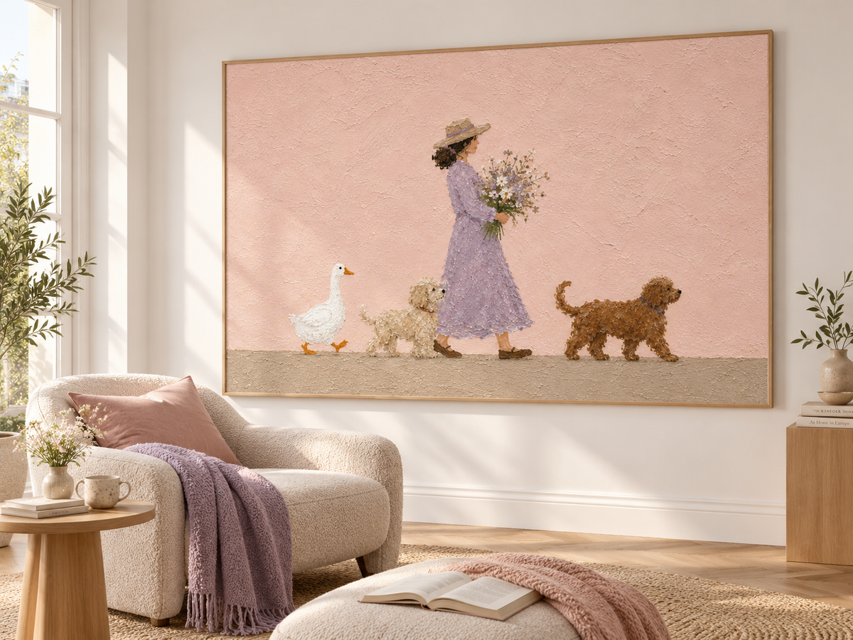 Modern Abstract Pastoral Art With Textured Pink Background And Whimsical Characters