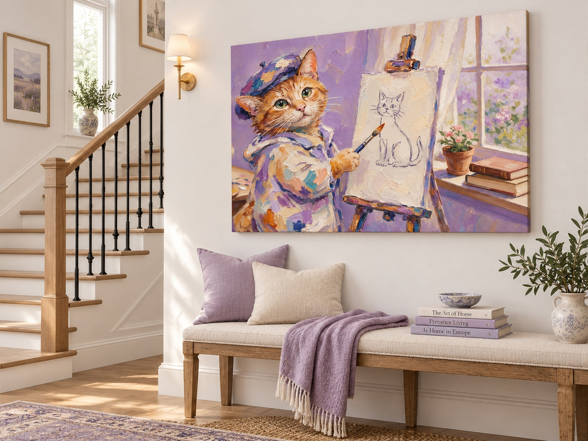 Hand-Painted Orange Cat Artist Canvas Painting With Beret And Easel