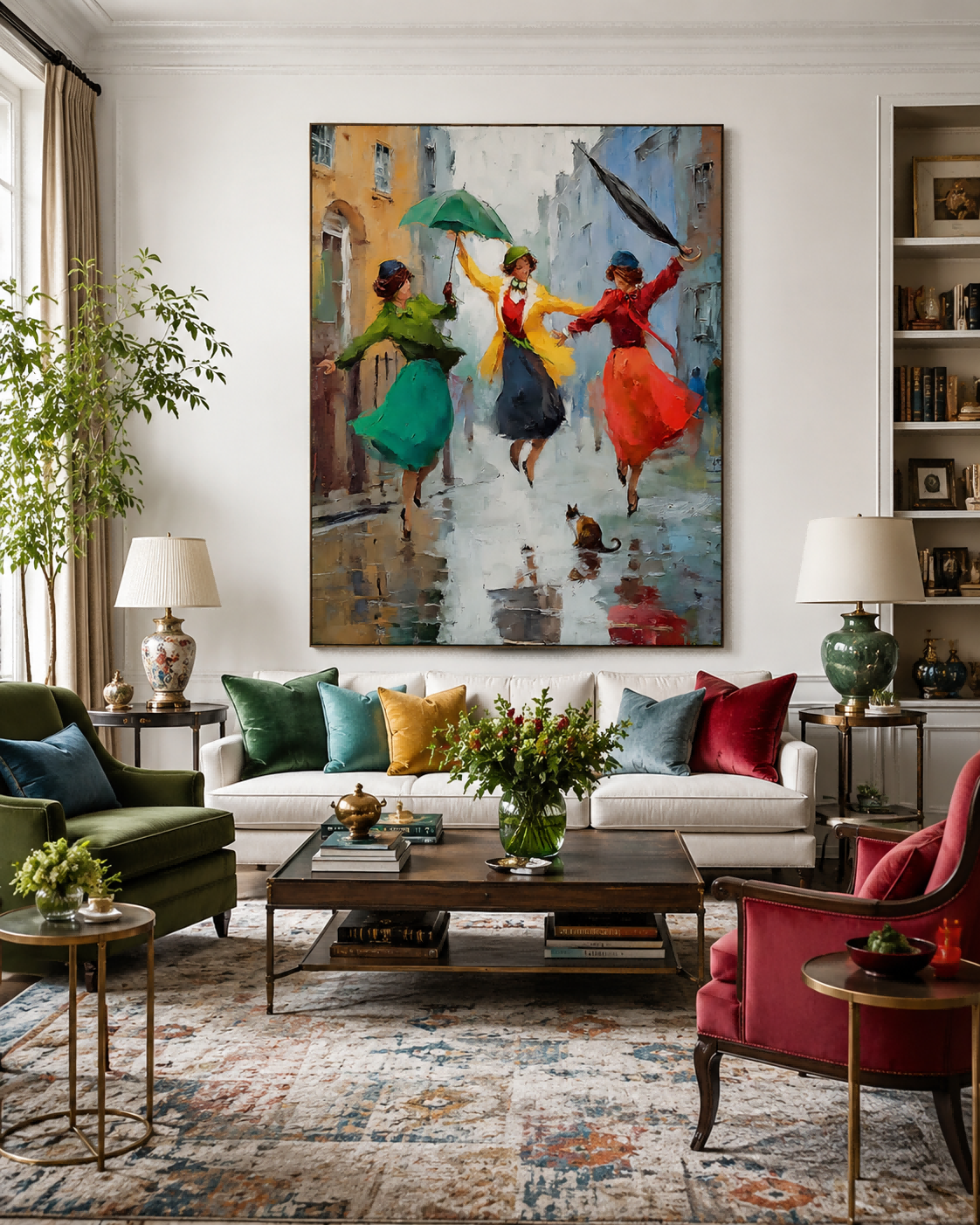 Retro Urban Street Scene Oil Painting With Colorful Umbrellas And Reflections For Chic Apartment Interior Design