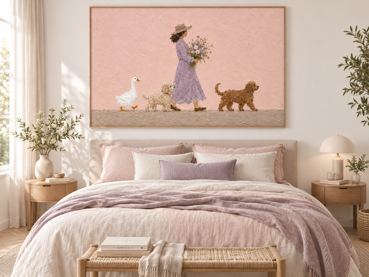Modern Abstract Pastoral Art With Textured Pink Background And Whimsical Characters