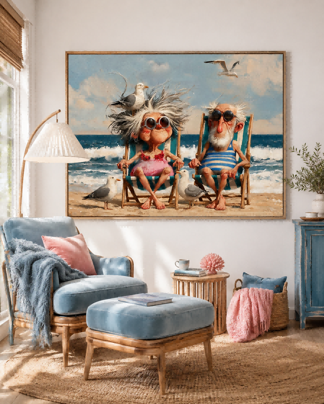 Bright Coastal Art Featuring Funny Seniors And Seagulls For Beach House Wall