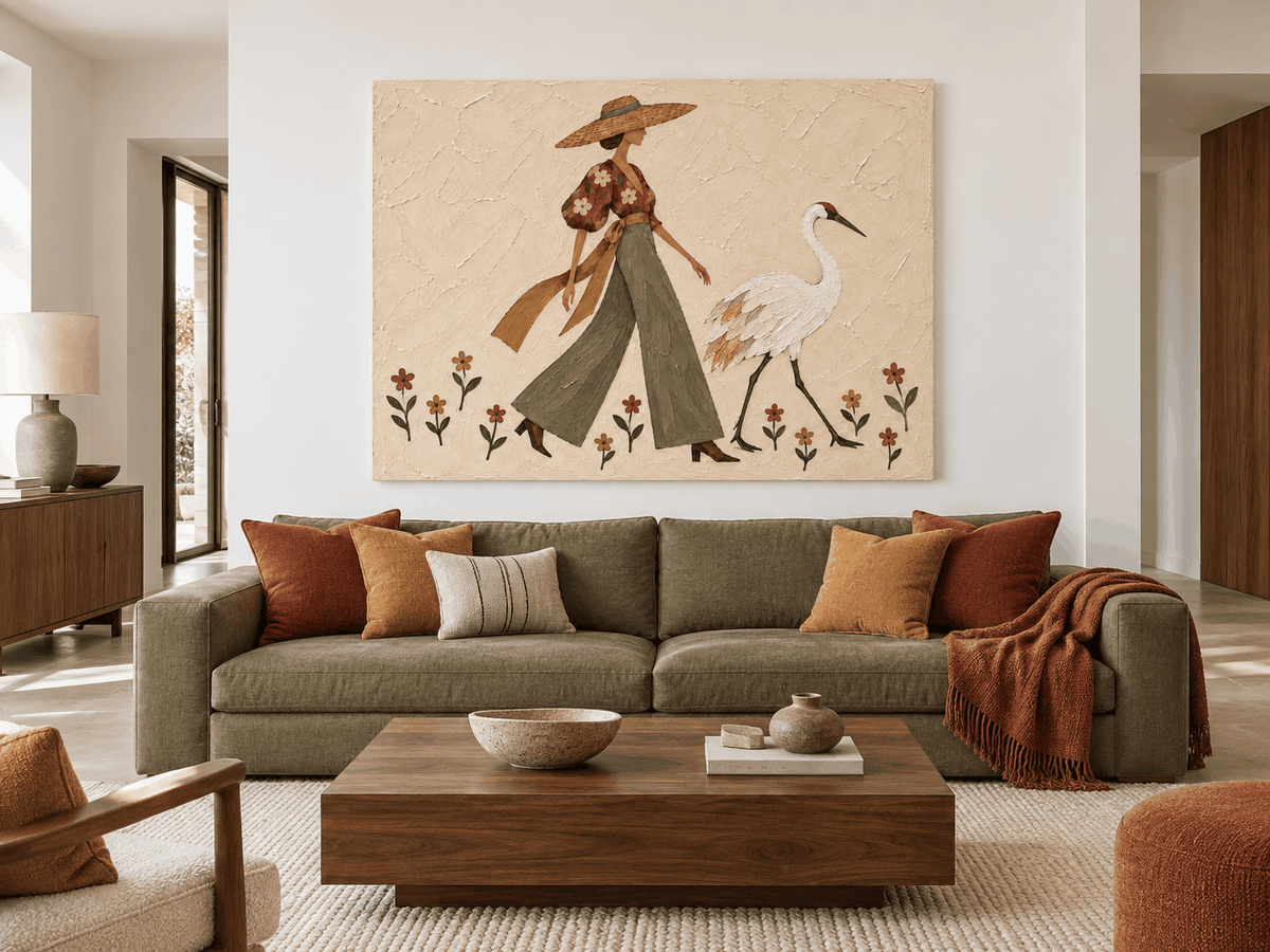 Modern Vintage Textured Canvas Painting Abstract Nature Theme Art Woman And Crane Hand-Painted Art