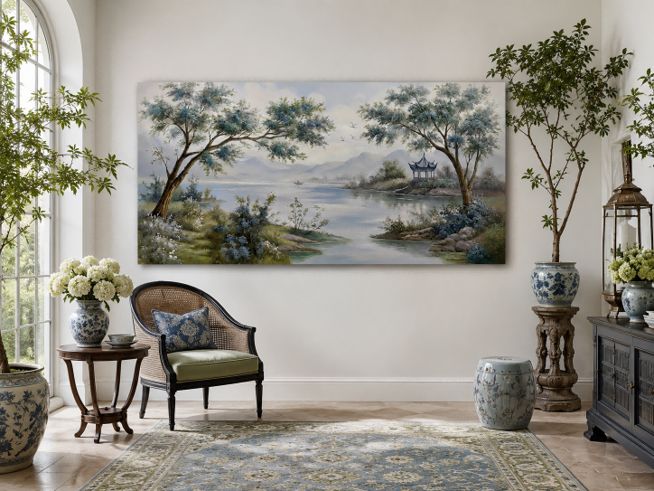 Serene River View Canvas Art With Mountains And Trees For Modern Home