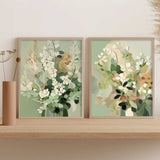Set of 2 Green Abstract Oil Paintings Impressionism Flower Canvas Wall Art Floral Spring Artwork