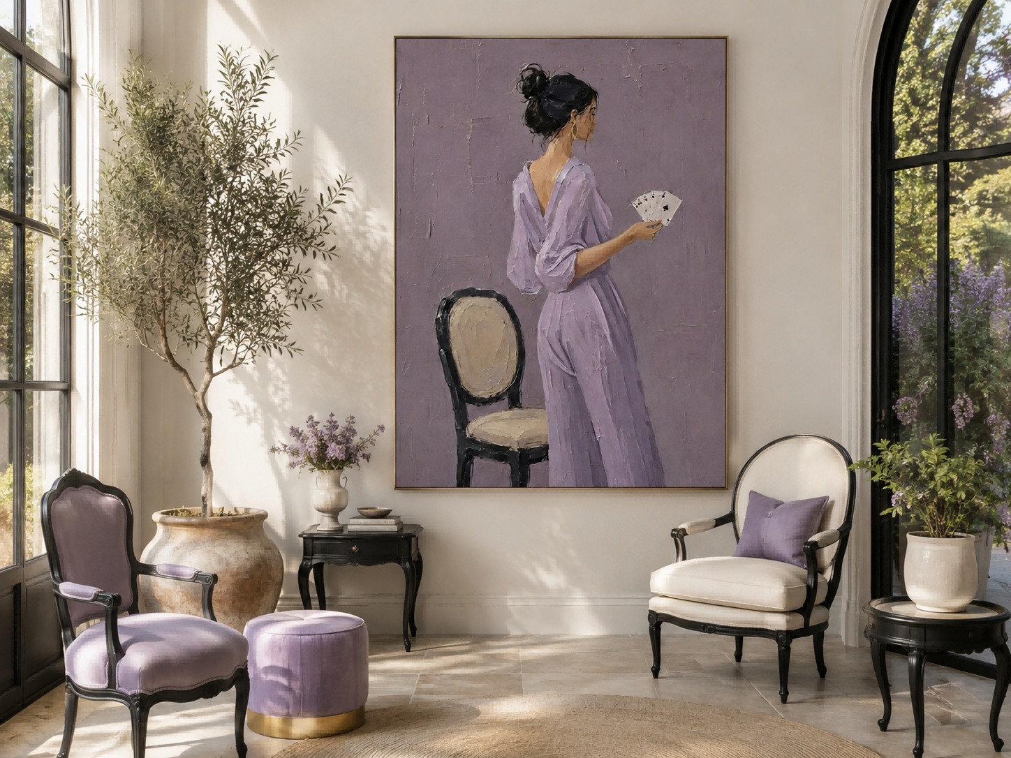 Modern Impasto Oil Painting Of Woman In Purple Jumpsuit With Playing Cards For Living Room