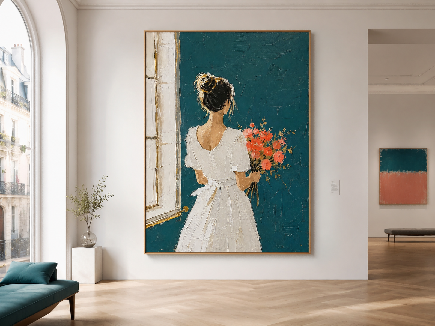 Elegant Minimalist Lady Painting With Flowers In White Dress For Modern Living Room Decor