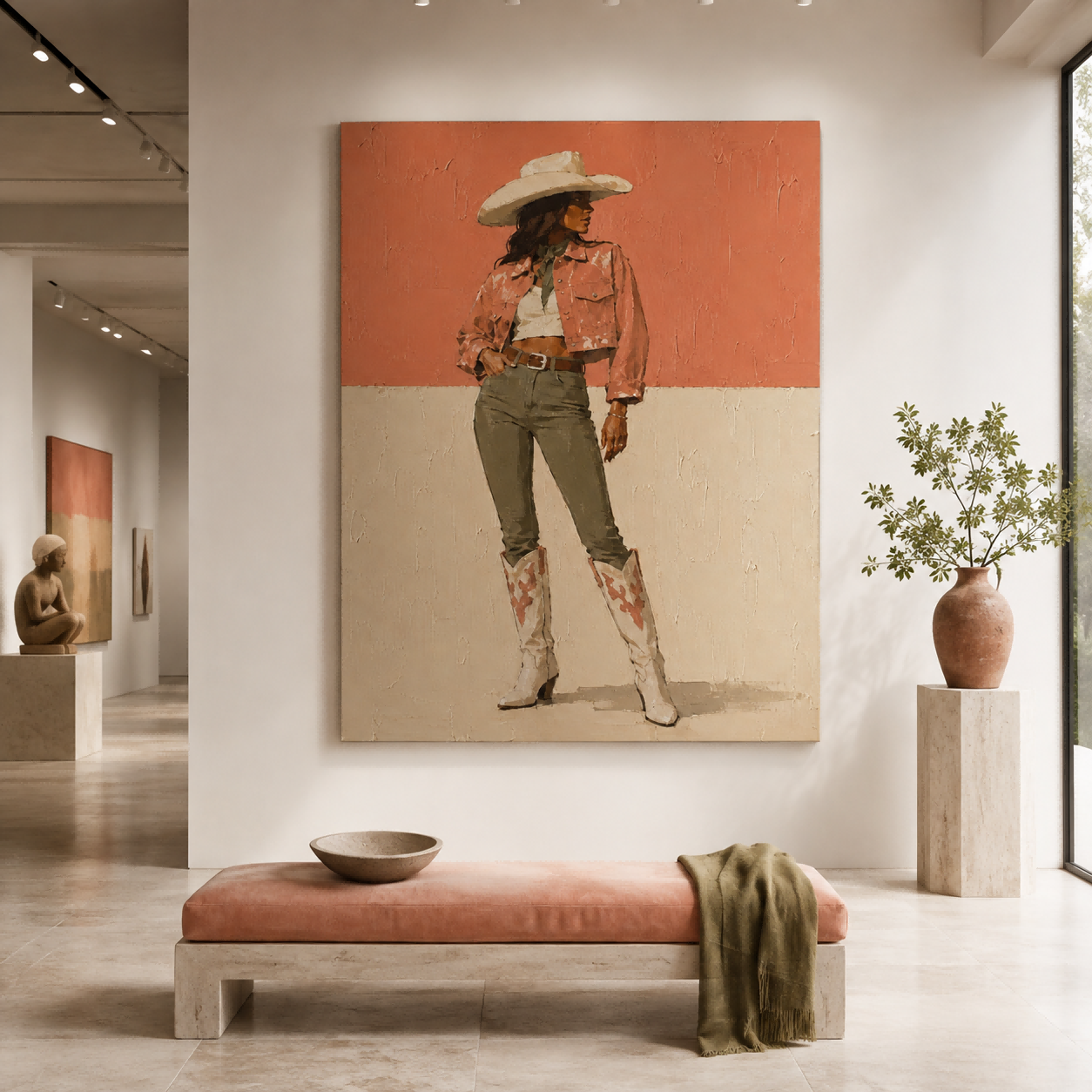 Original Illustrative Female Figure Painting In Retro Style On Linen Canvas