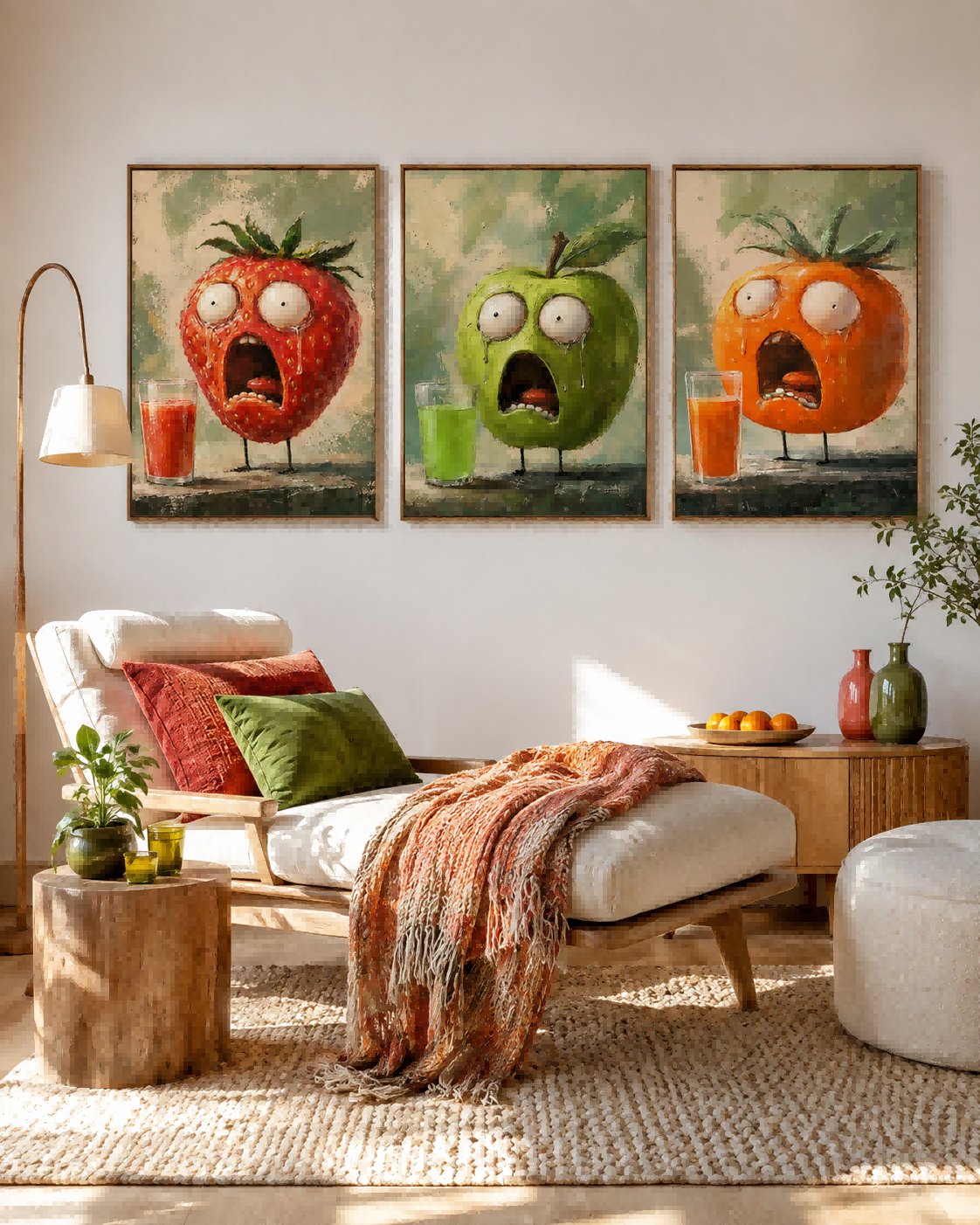 3P Original Oil Painting Of Anthropomorphic Fruits With Expressive Textured Finish