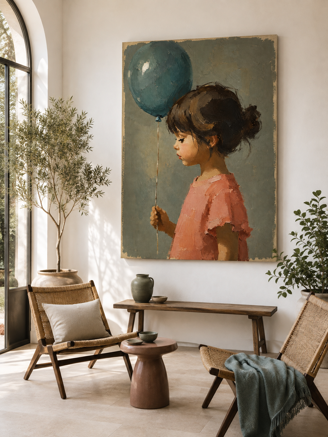 Modern Naive Art Painting With Textured Grey Background And Pink Tones