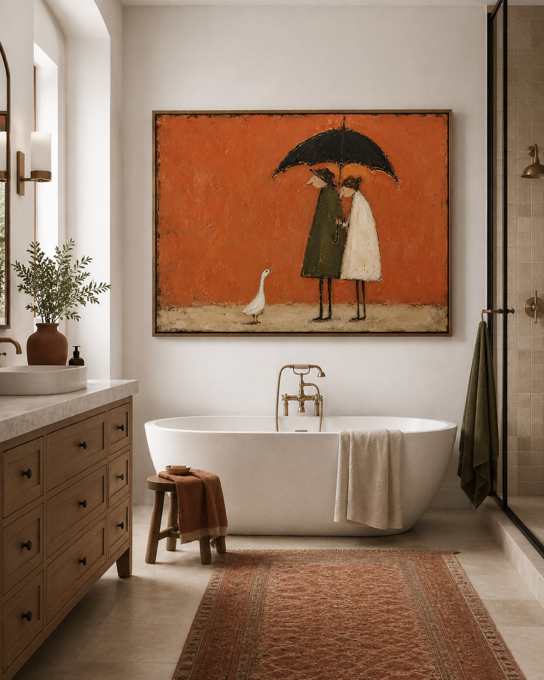 Couple With Umbrella And Goose Hand-Painted Canvas Art In Warm Rust Tones