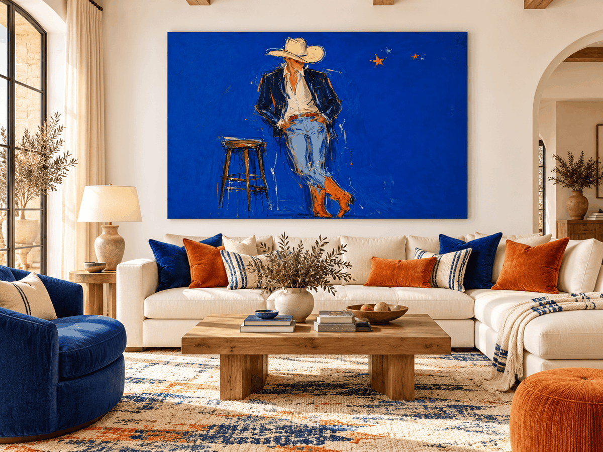 Cowboy In Blue Hand-Painted Canvas Art With Orange Boots For Modern Walls