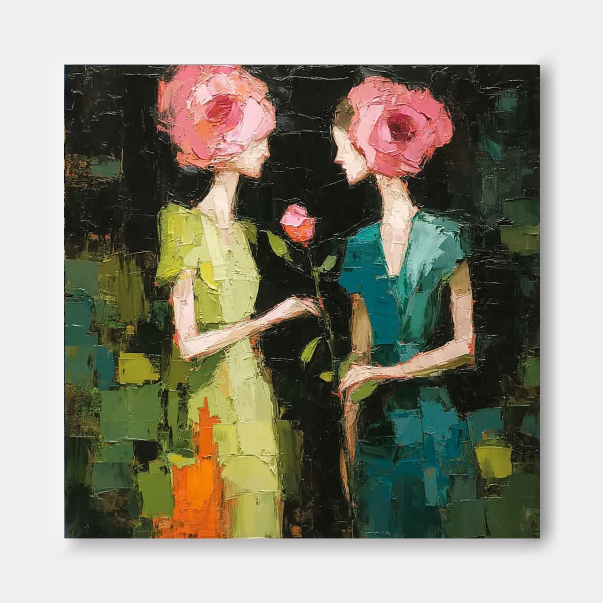 Vintage Style Oil Painting Of Two Women With Rose Heads For Living Room Wall Art Decor