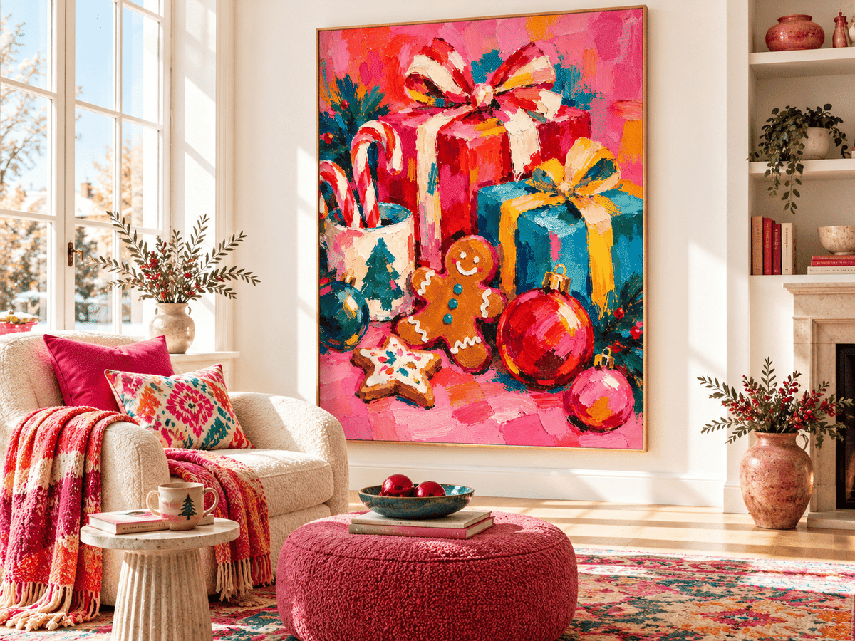 Abstract Vintage Holiday Painting With High Saturation Magenta And Teal Tones