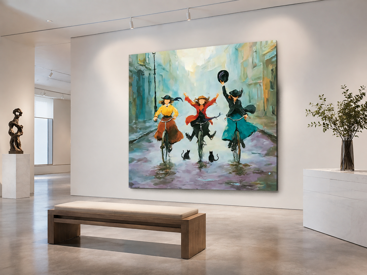 Impressionist City Life Painting Of Women Cycling In Rain With Cats