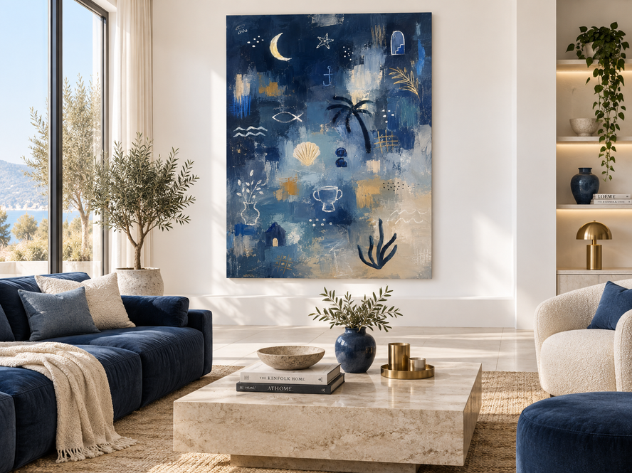Modern Textured Abstract Painting With Gold Accents Ocean Theme Wall Art