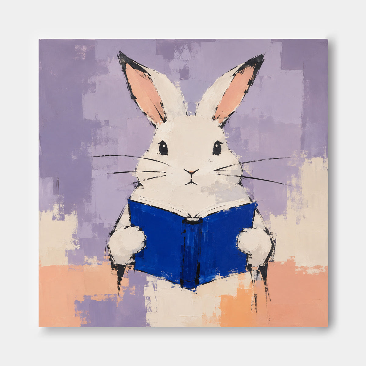 Textured Minimalist Canvas Painting Of Bunny With Book In Modern Style