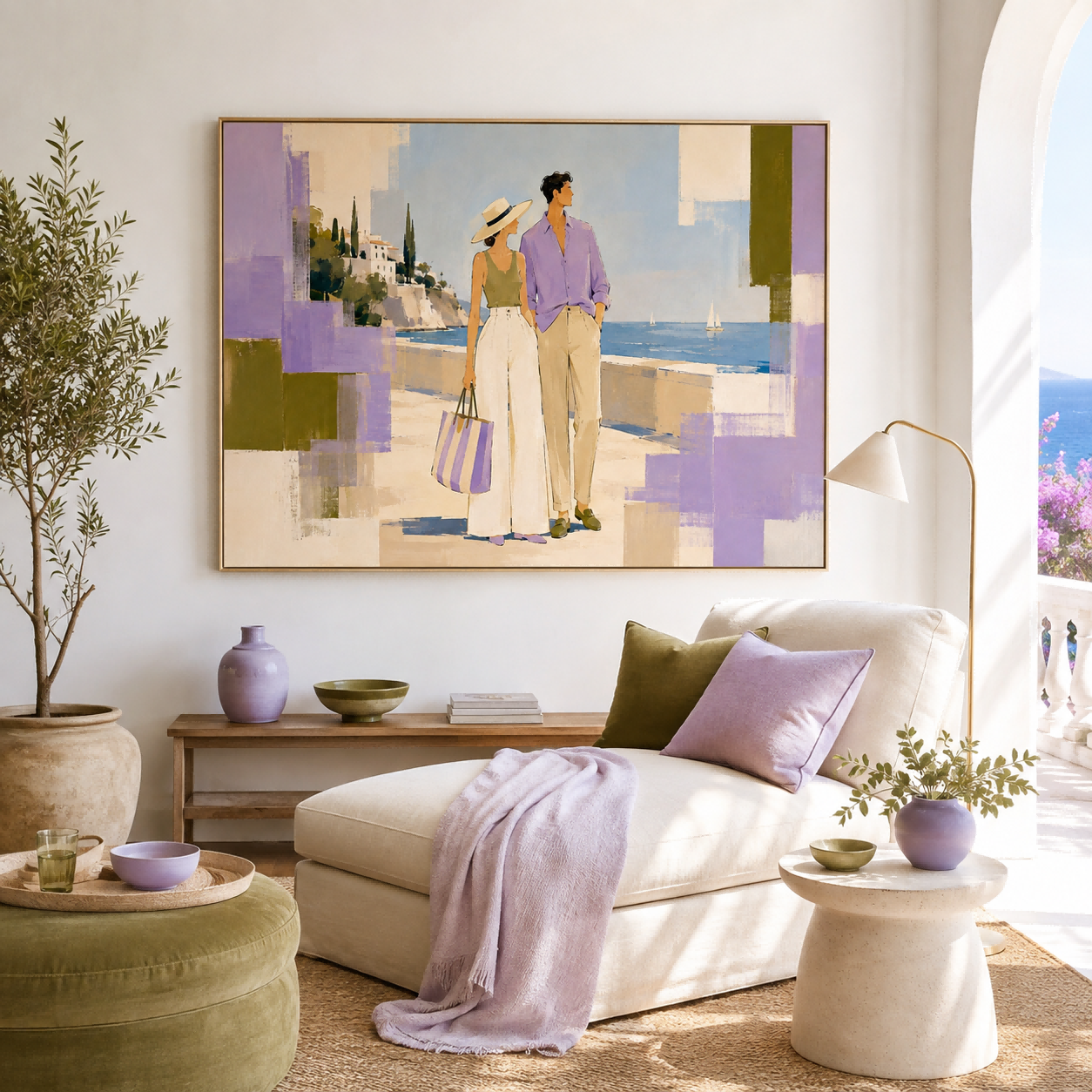 Chic Fashion Illustration Oil Painting Modern Abstract Mediterranean Couple Artwork For Living Room Wall Decor
