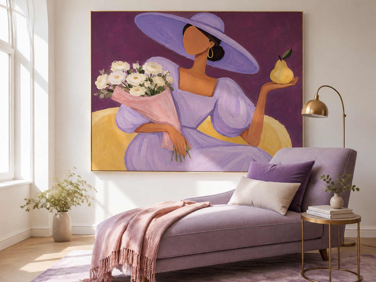 Abstract Female Figure With Yellow Pear And White Roses Modern Art Print Square Framed Canvas