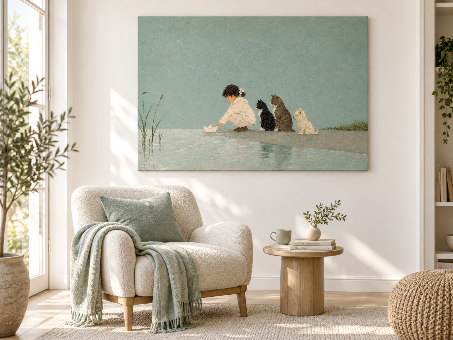 Modern Abstract Narrative Art Hand-Painted With Textured Green Background
