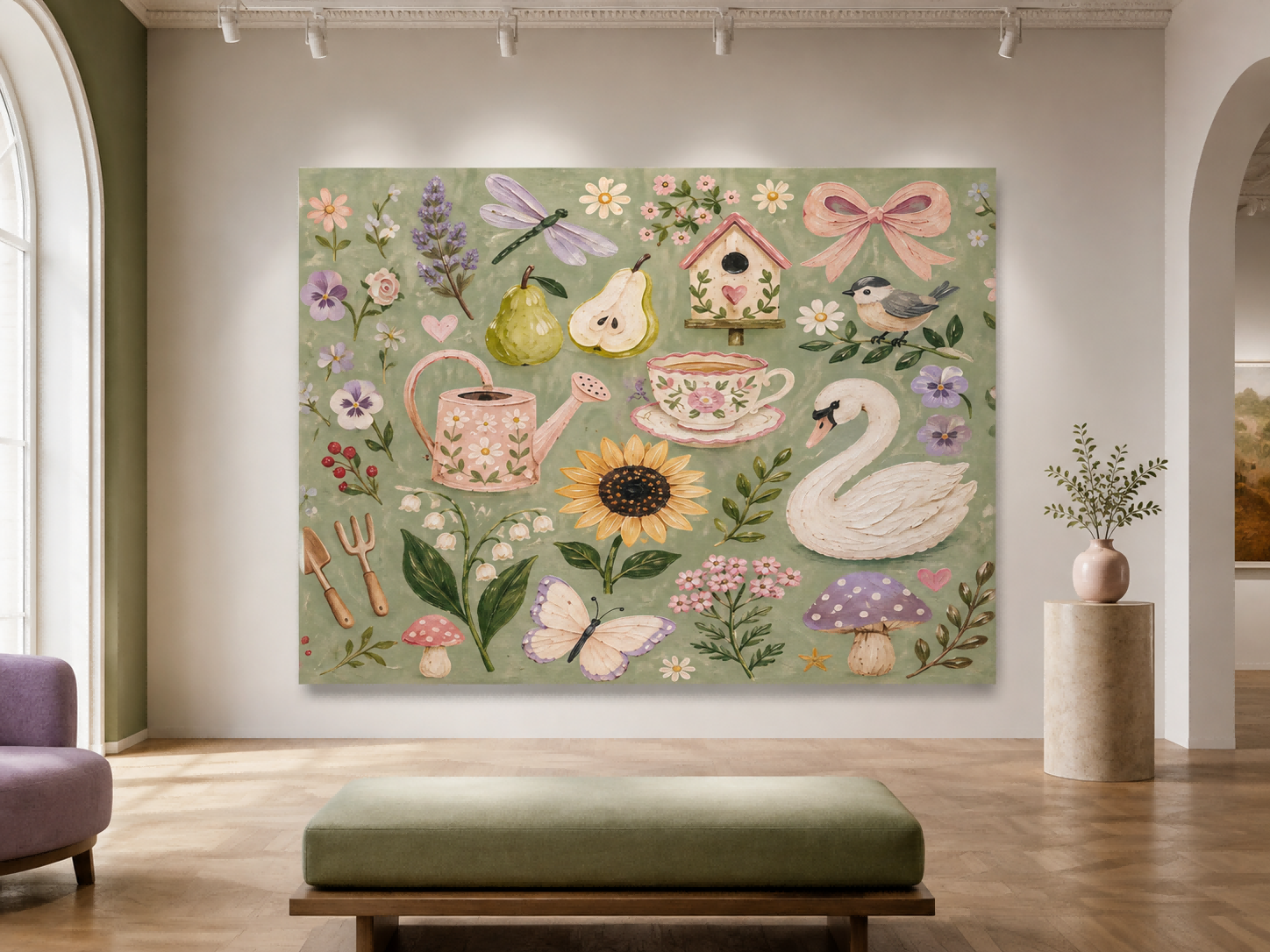Pastoral Vintage Oil Painting With Sage Green Floral And Animal Motifs For Living Room Decor