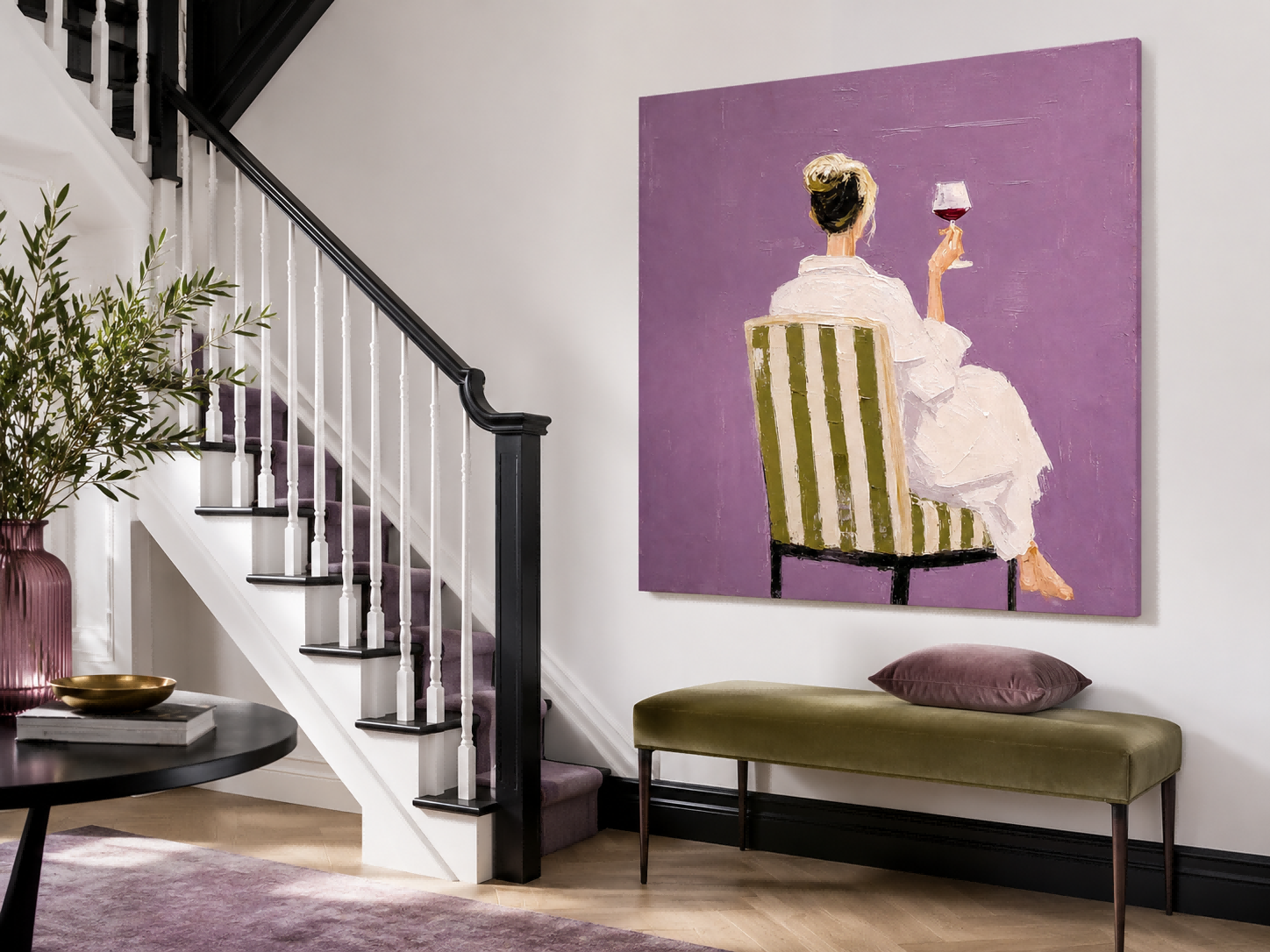 Woman With Wine Glass Hand-Painted Canvas Art In Purple And White Modern Living Room Wall Art With Elegant Woman And Striped Chair