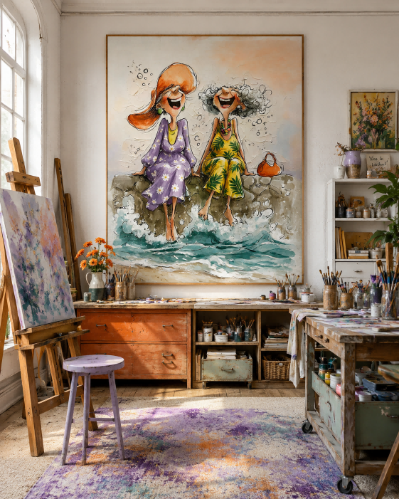 Whimsical Illustrative Oil Painting Of Women At Beach With Textured Canvas Finish