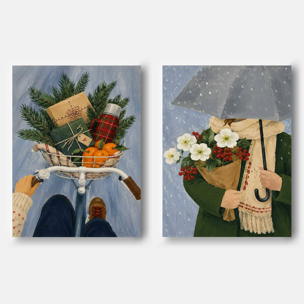 Hand-Painted Winter Scene Diptych With Bicycle And Flowers Canvas Art