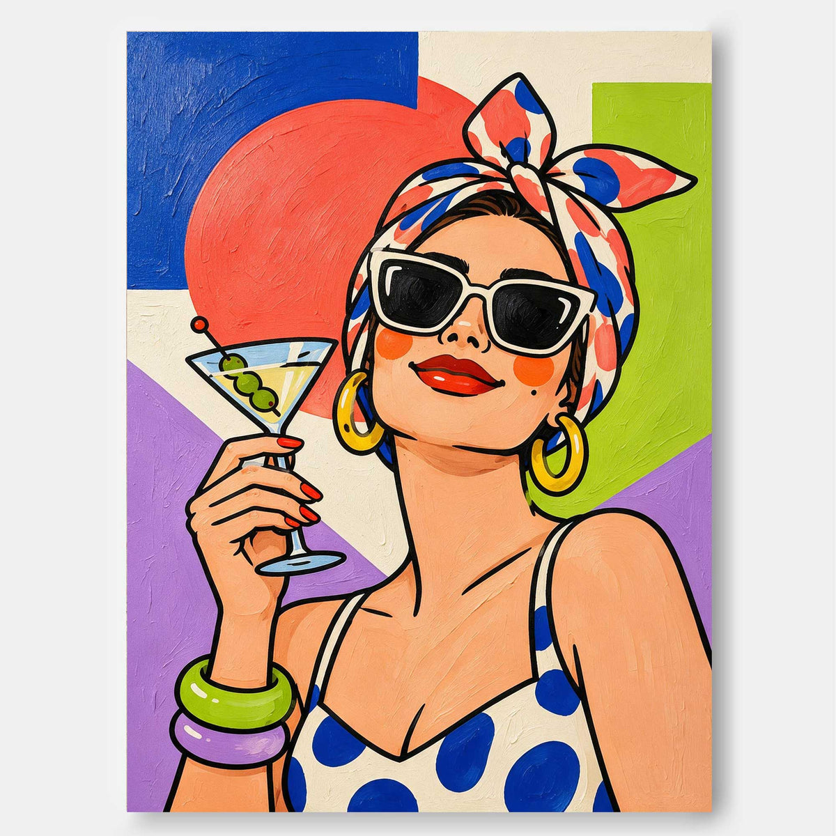 Pop Art Woman With Martini Glass Hand-Painted Canvas Wall Art