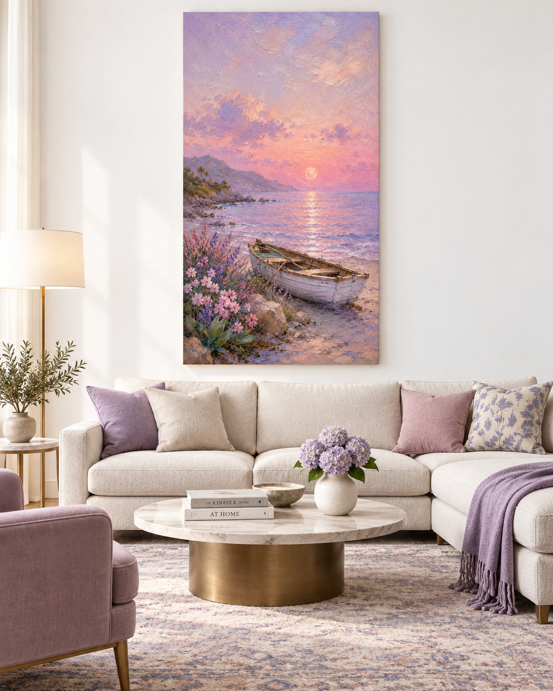 Hand-Painted Sunset Boat Seascape Canvas Art In Pink And Purple