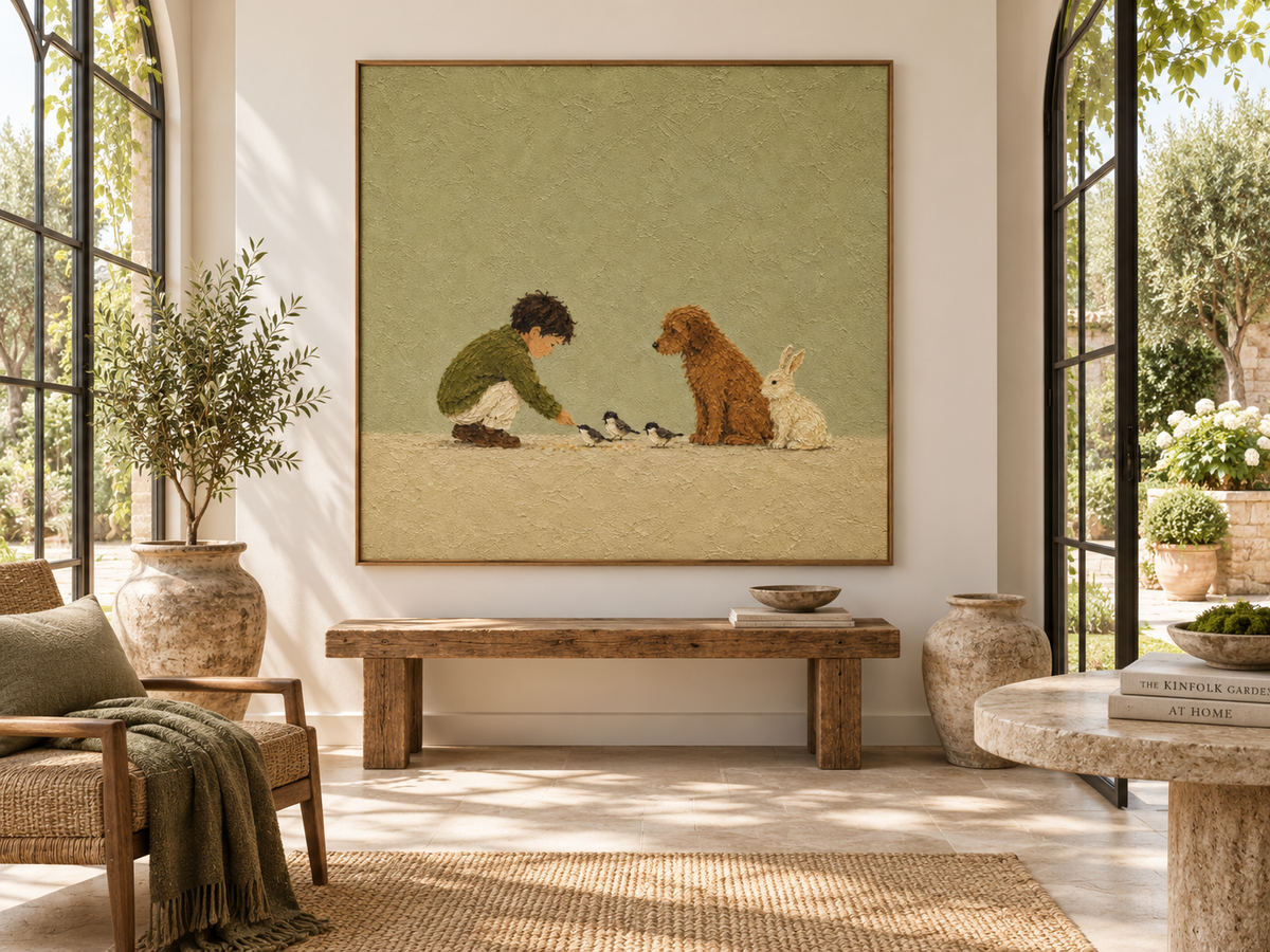 Modern Abstract Storytelling Art With Textured Olive Background