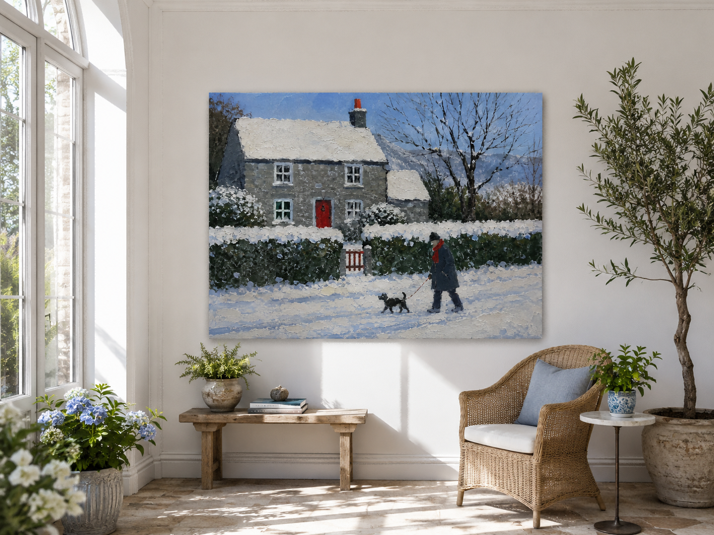 Traditional Realist Snowy Village Painting With Textured Brushwork On Canvas