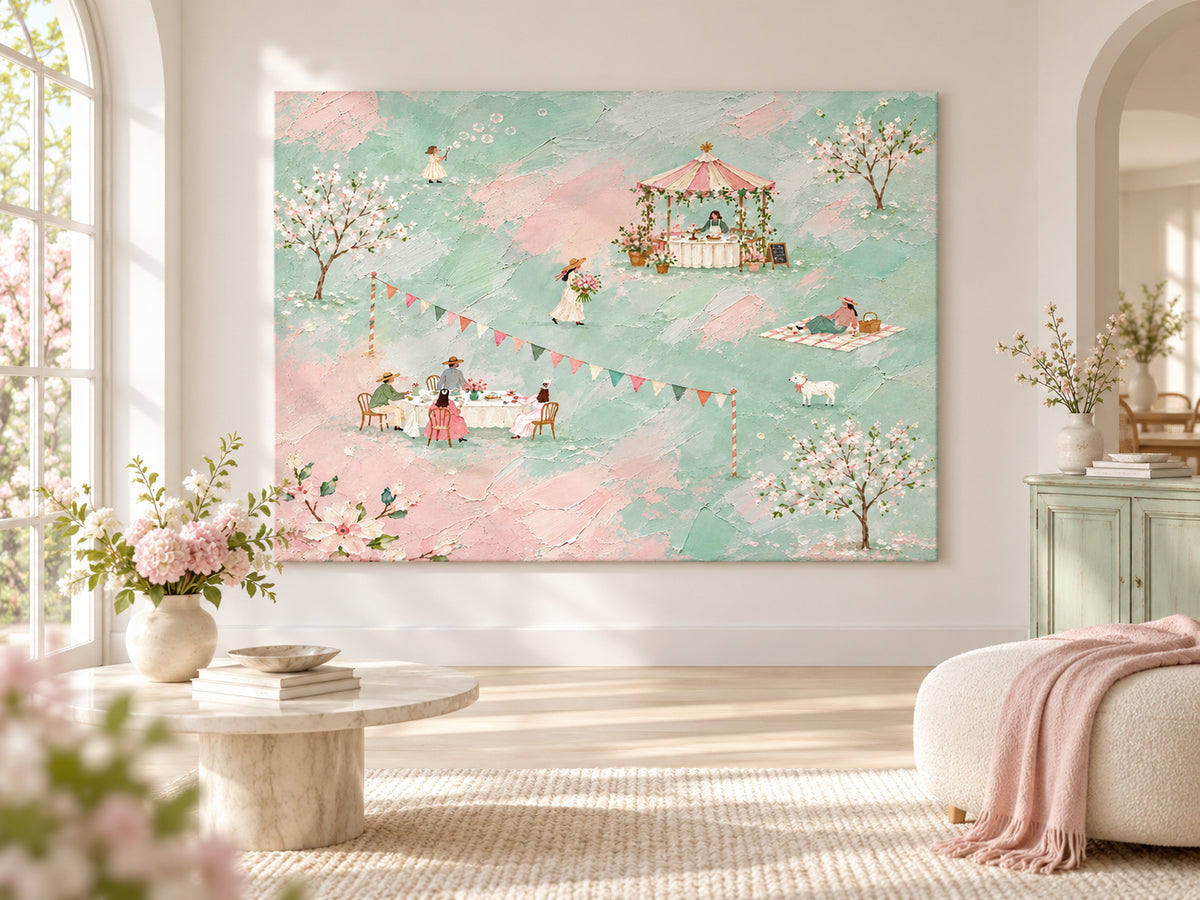 Spring Picnic Scene Hand-Painted Canvas Art With Floral Garden
