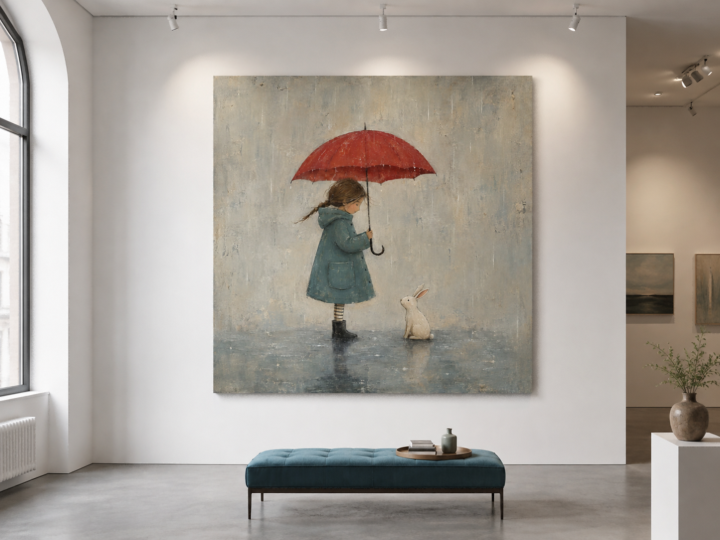 Original Hand Painted Girl And Bunny In Rain Square Artwork For Modern Interior Design