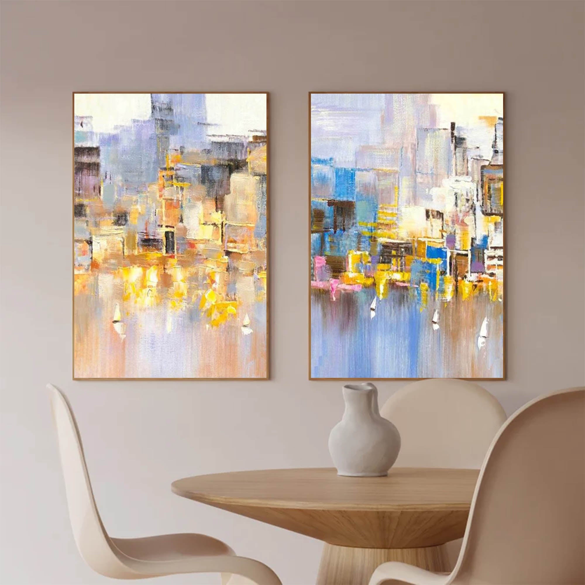 Set of 2 Abstract City Oil Painting Contemporary Textured Canvas Painting  Modern Wall Art Home Decor