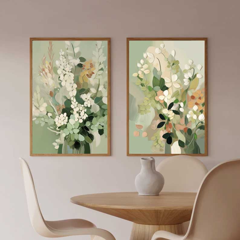 Set of 2 Green Abstract Oil Paintings Impressionism Flower Canvas Wall Art Floral Spring Artwork