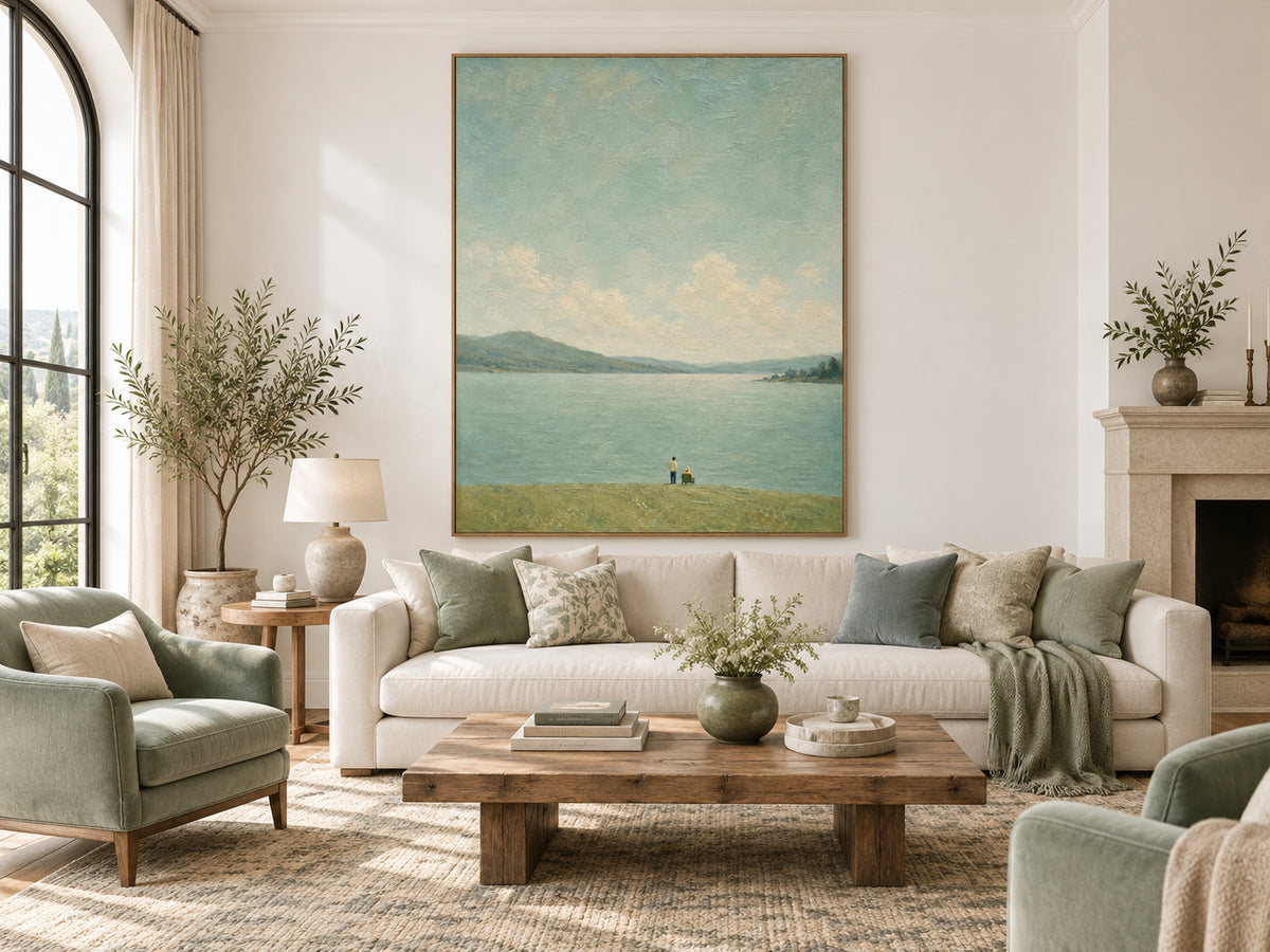 Serene Lakeside Couple Gazing At Distant Mountains Hand-Painted Canvas Art