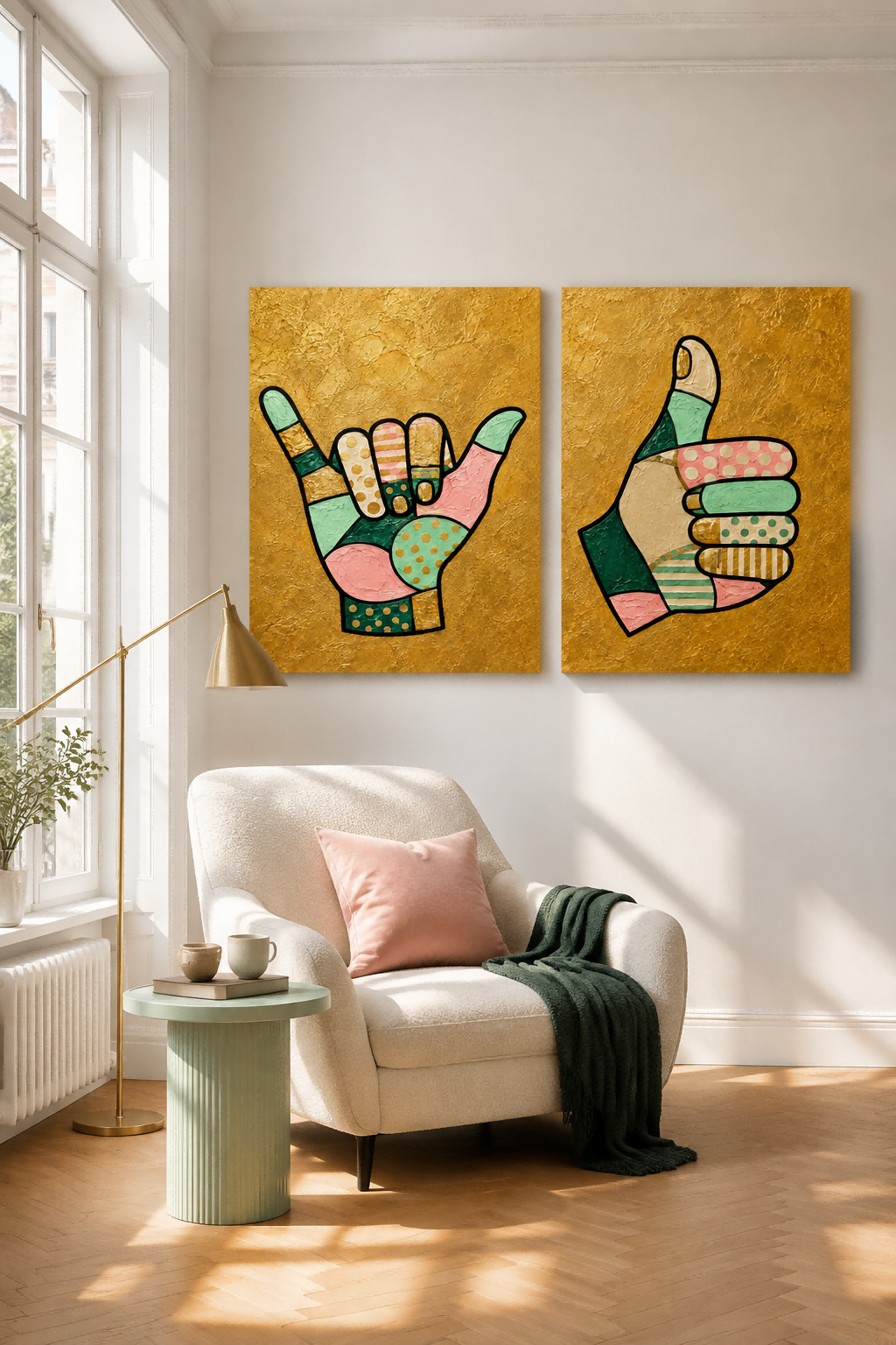 Hand-Painted Shaka And Thumbs Up Canvas Art Set With Gold Background