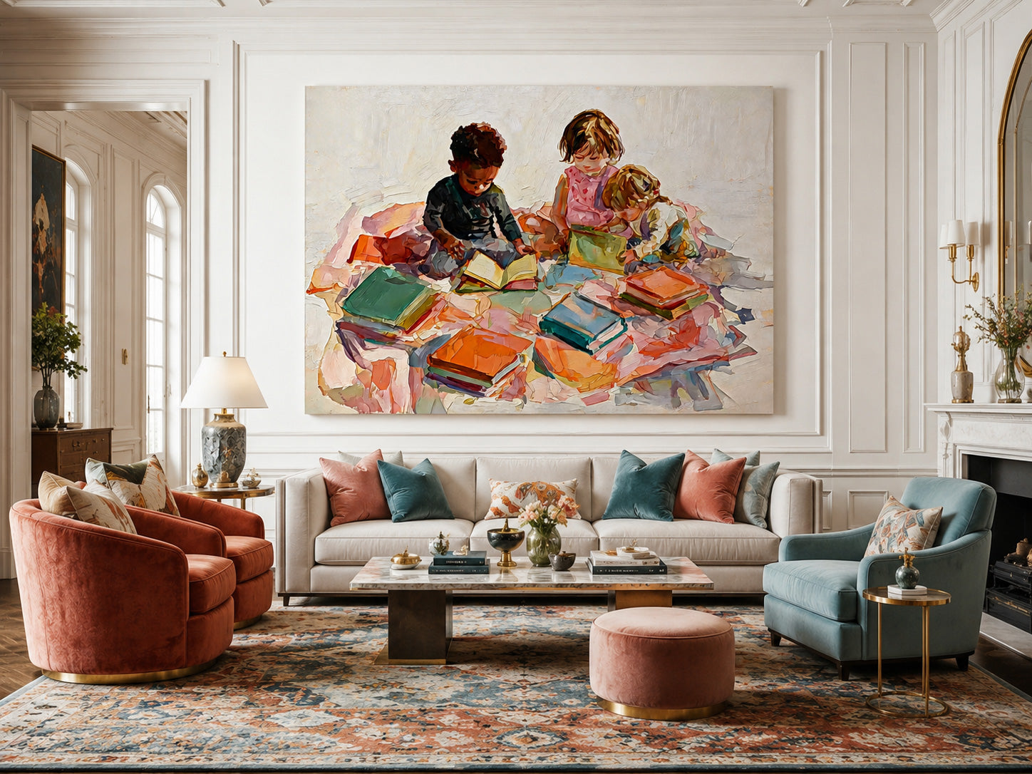 Modern Impressionist Oil Painting Of Kids Playing With Books