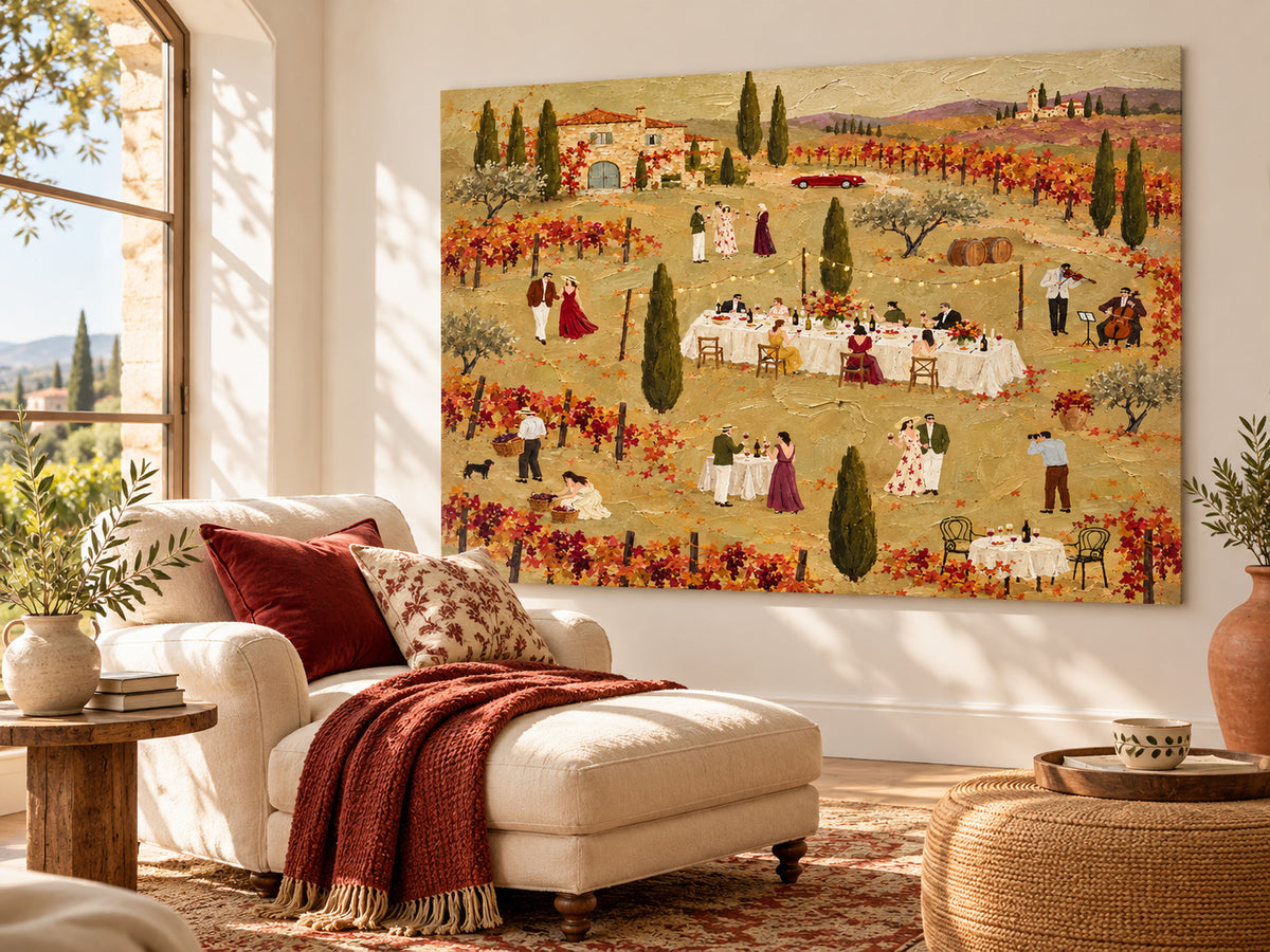 Tuscan Vineyard Dinner Party Hand-Painted Canvas Wall Art In Warm Autumn Colors