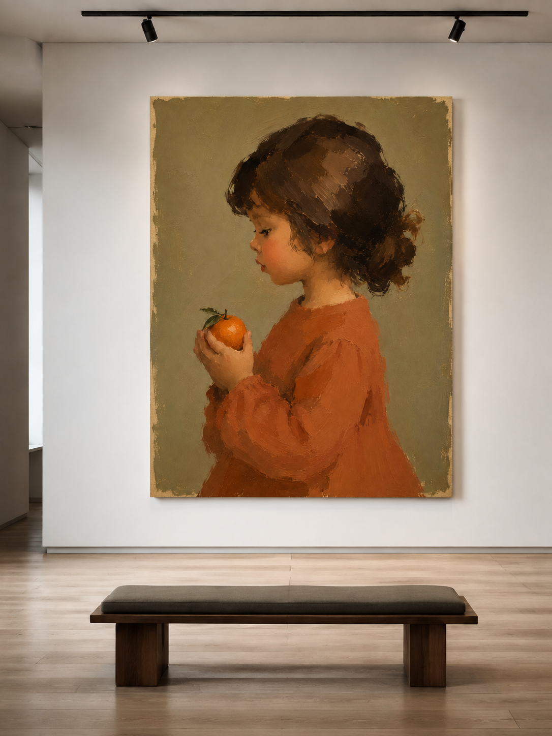 Vintage Girl Portrait With Orange Hand-Painted Canvas Art In Warm Earth Tones