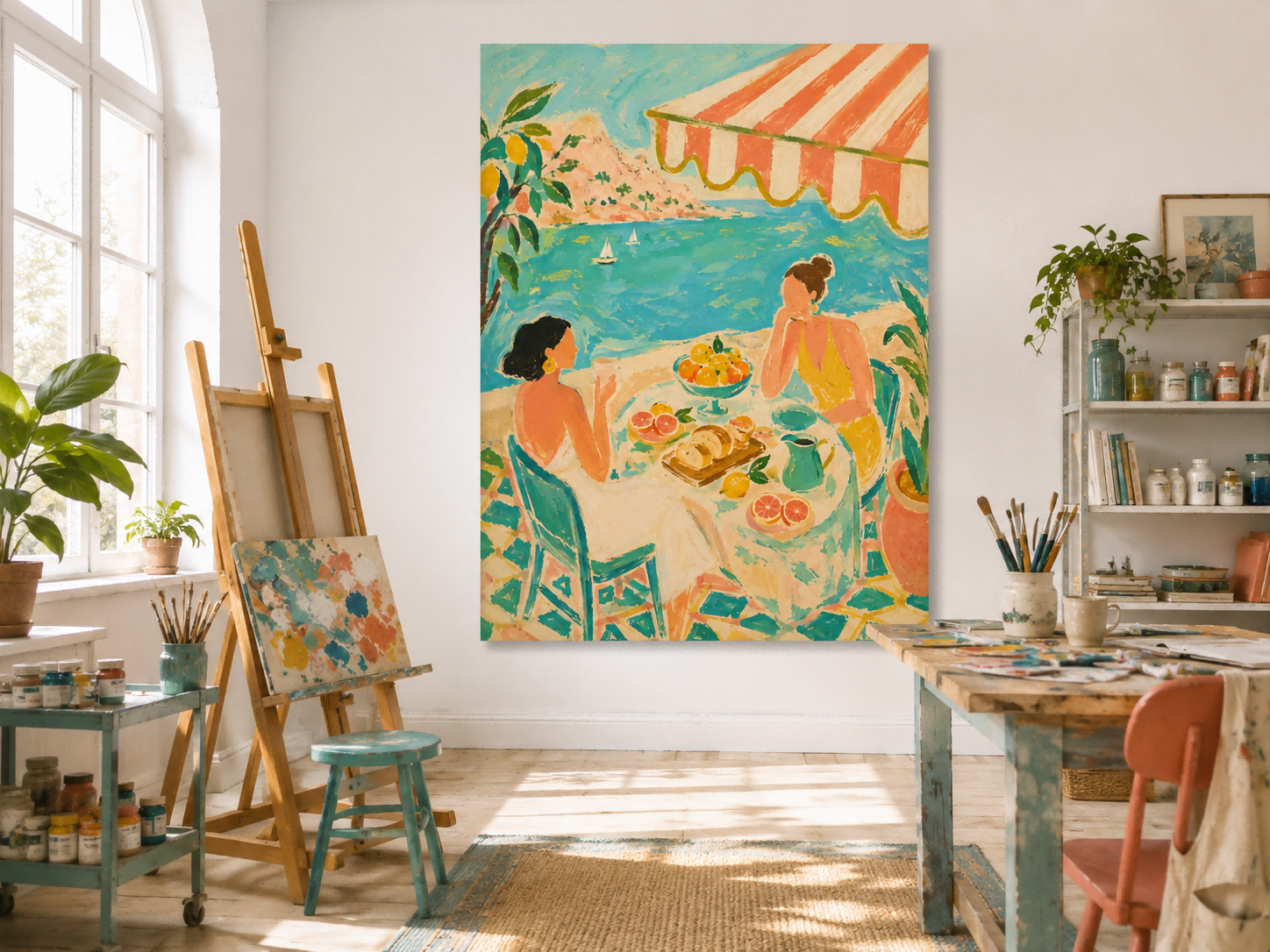 Seaside Tea Party Women Art Deco Canvas Painting With Citrus And Ocean View